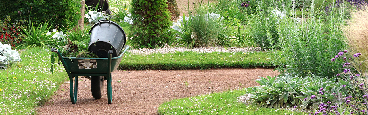 Wheelbarrow with tools at Italian Gardens. Torquay